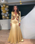 Elegante vestido de noche de satén con mangas largas y escote halter Y5094