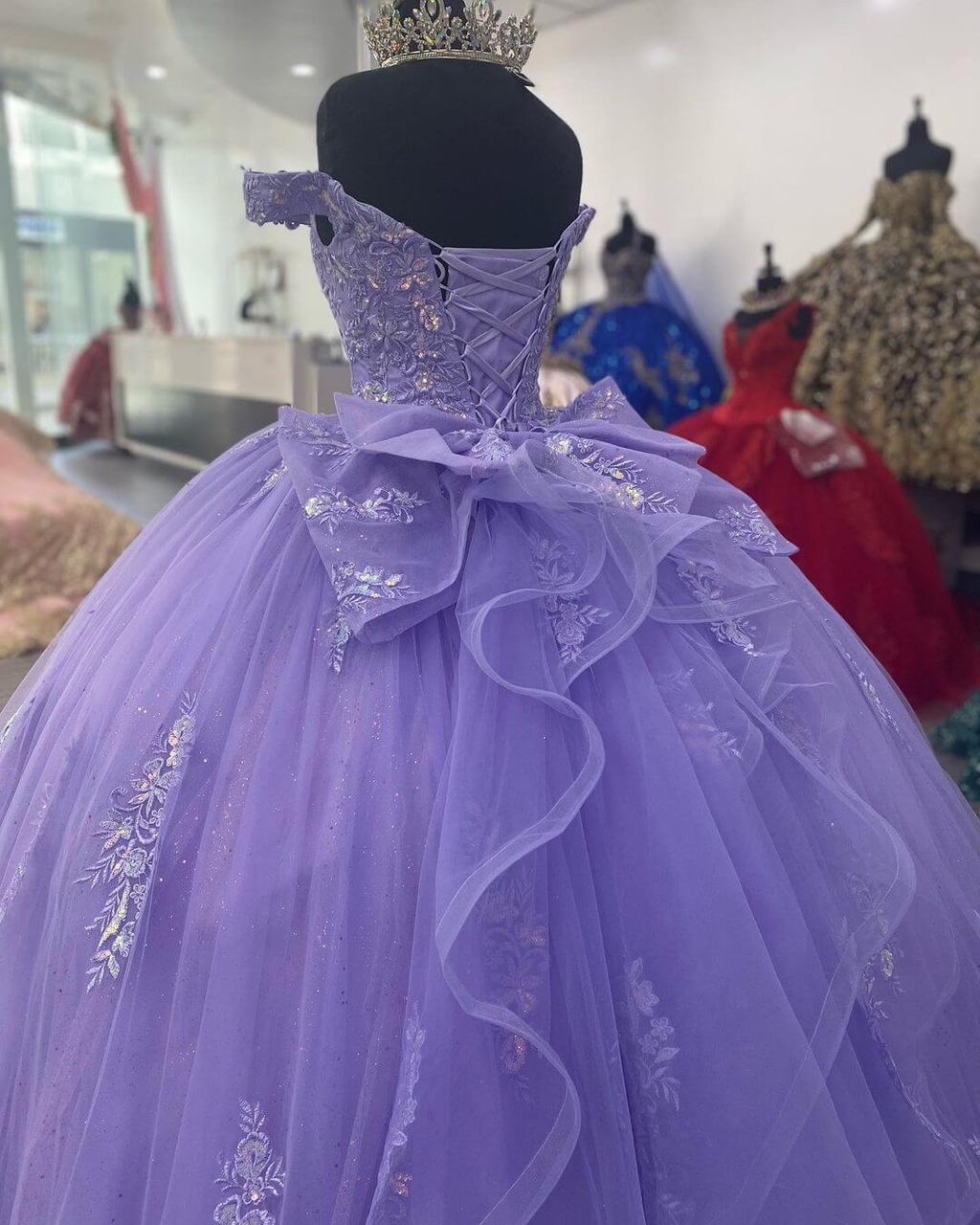 Lila Korsett mexikanisches Quinceanera-Kleid Ballkleid, Applikationen Spitze Geburtstagskleid Y1476