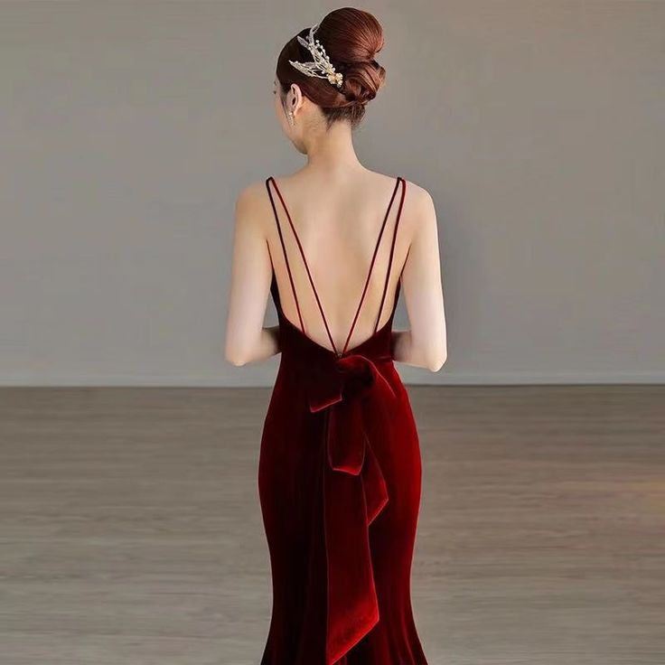 Elegantes rotes Samt-Abendkleid im Meerjungfrau-Stil, langes Ballkleid Y7824