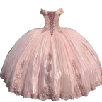 Süßes Rosa Off The Shoulder Tüll LaceAppliques Ballkleid Quinceanera Kleid Y7728