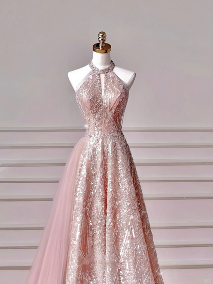 Glitzerndes rosa Neckholder-Pailletten-Tüll-A-Linien-Ballkleid Abendkleid Y8608