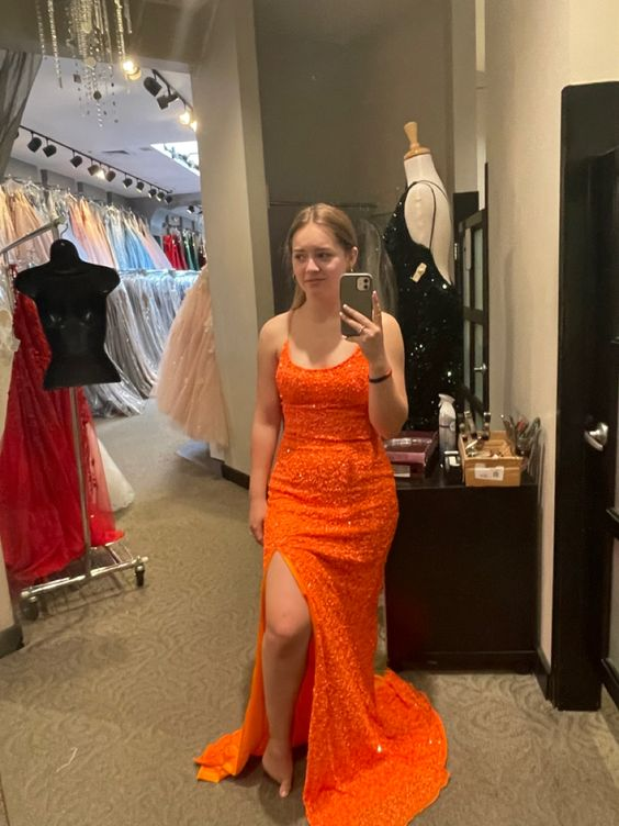 Funkelndes orangefarbenes Ballkleid, ärmellos, mit Pailletten und Schlitz, Abendkleid Y7012