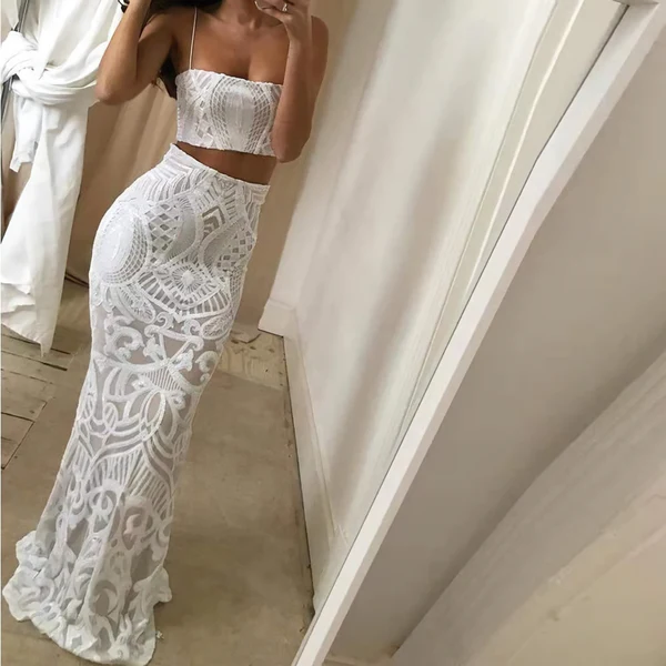 Vestido de novia blanco de dos piezas con corte sirena, vestido de novia sexy para playa Y1386
