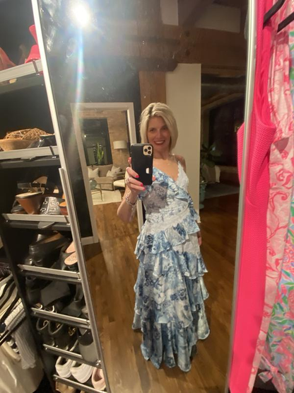Hermoso vestido de noche azul sin mangas con escote en V, encaje y volantes, vestido formal de fiesta Y8460