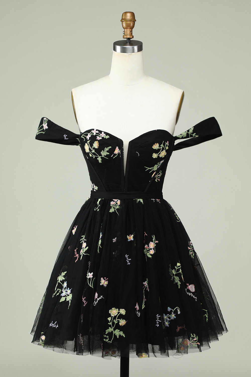 Lindo vestido de fiesta corto con escote en forma de A, en gris azulado y bordado