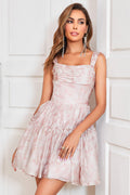 Vestido de fiesta con volantes, plisado, con hombros descubiertos y corte en A, estampado único y corsé.