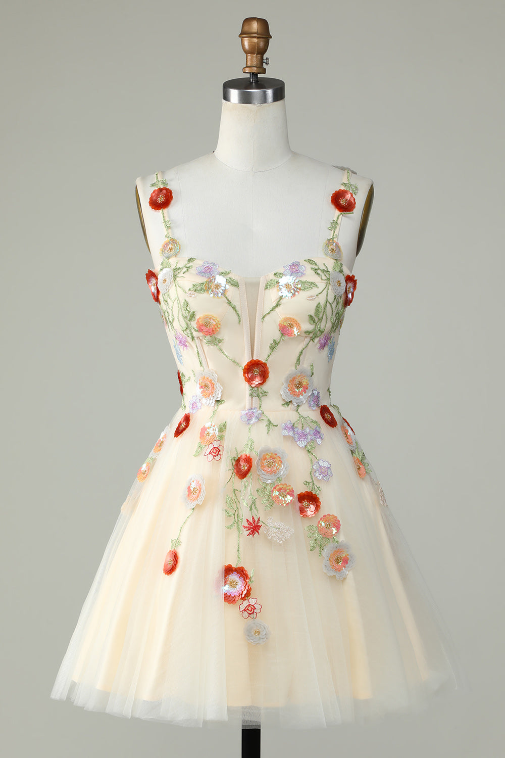 Vestido de fiesta negro de corte A con tirantes finos, lentejuelas y flores