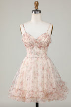 Champagnerfarbenes kurzes A-Linien-Homecoming-Kleid mit Korsett und Blumenmuster und Schnürung am Rücken
