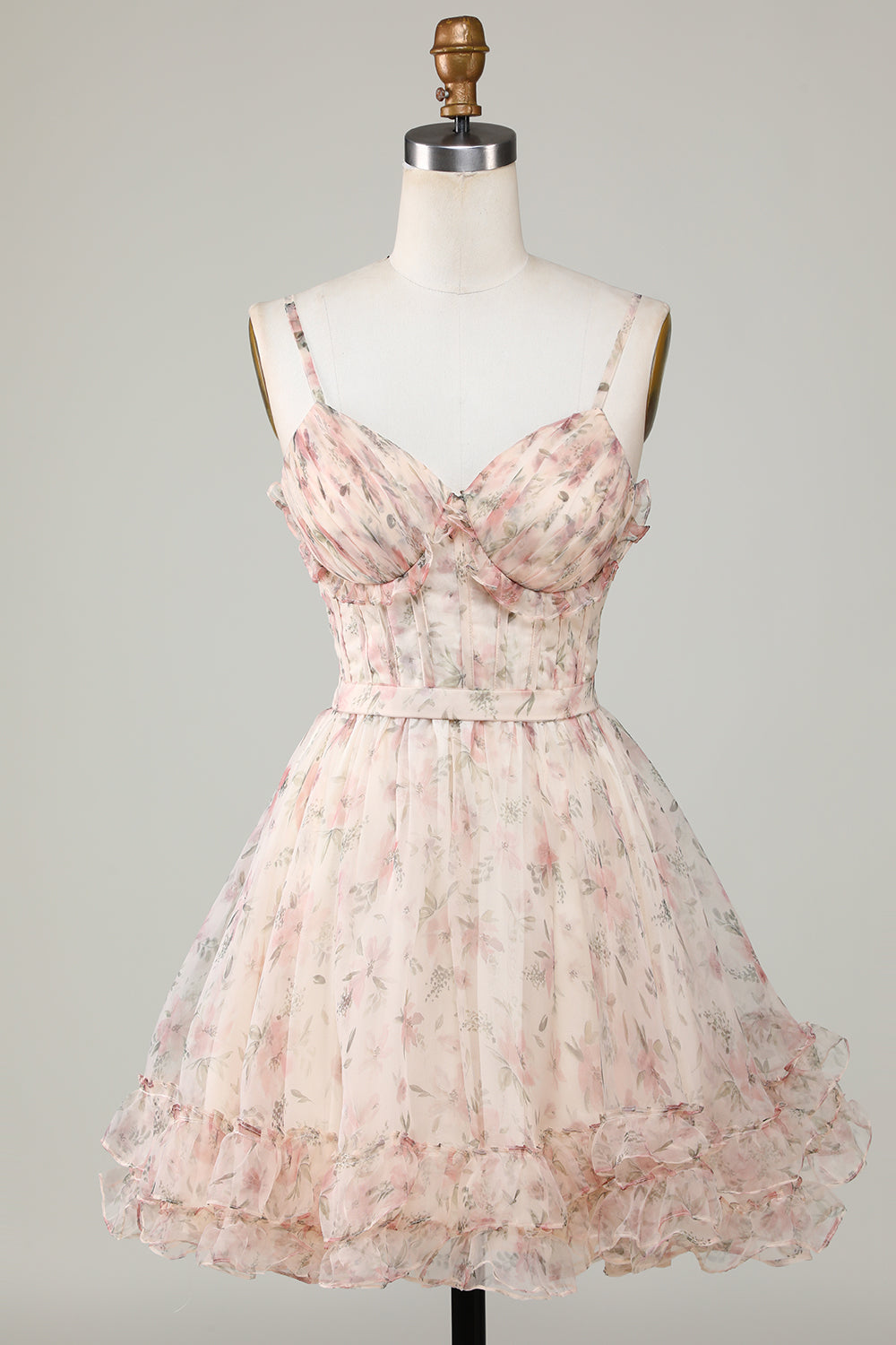 Vestido de fiesta corto con estampado floral, corte A, color champán, con corsé y espalda con cordones