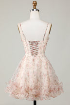 Champagnerfarbenes kurzes A-Linien-Homecoming-Kleid mit Korsett und Blumenmuster und Schnürung am Rücken