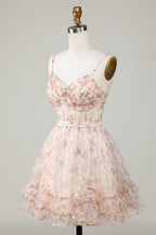 Champagnerfarbenes kurzes A-Linien-Homecoming-Kleid mit Korsett und Blumenmuster und Schnürung am Rücken
