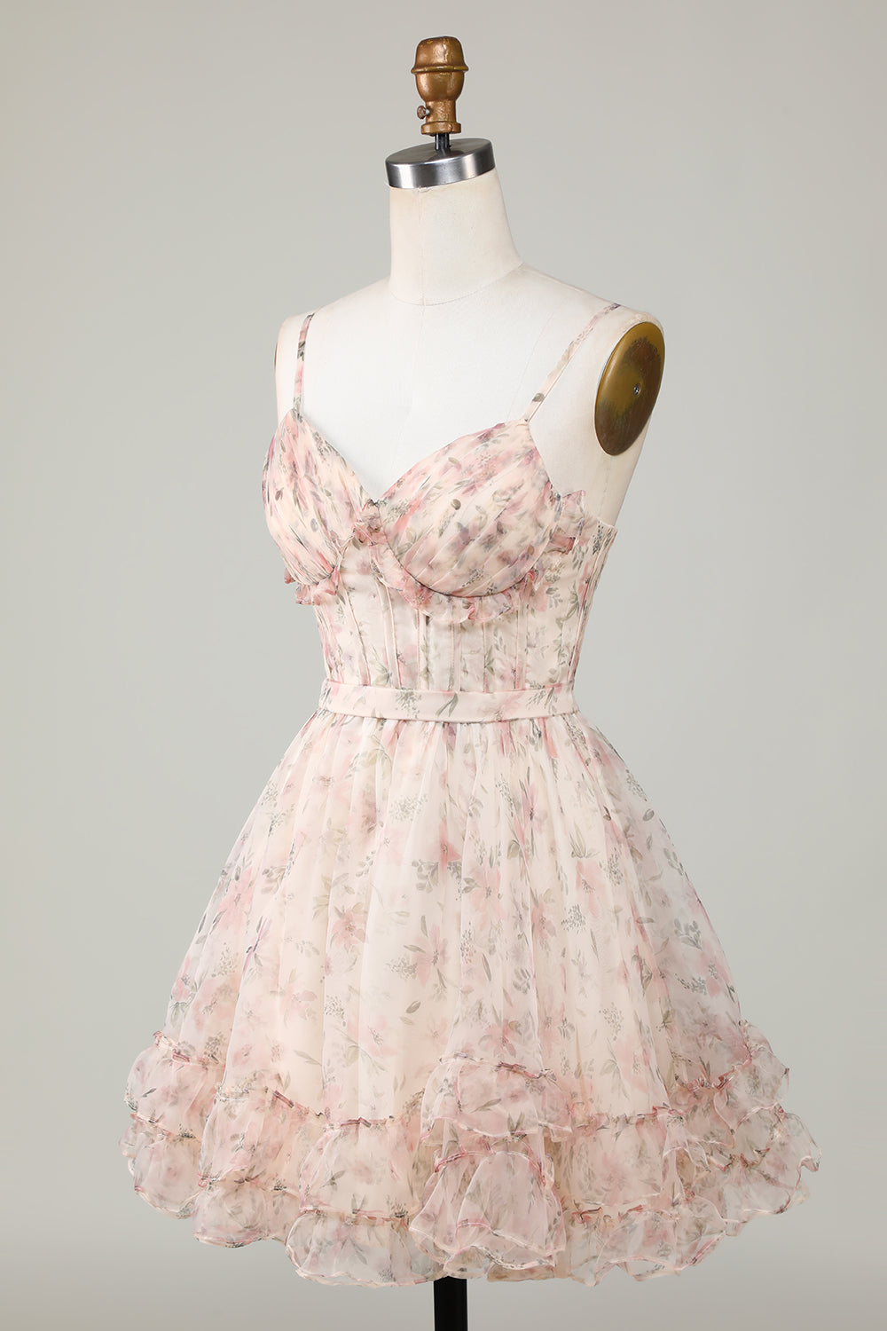 Vestido de fiesta corto con estampado floral, corte A, color champán, con corsé y espalda con cordones