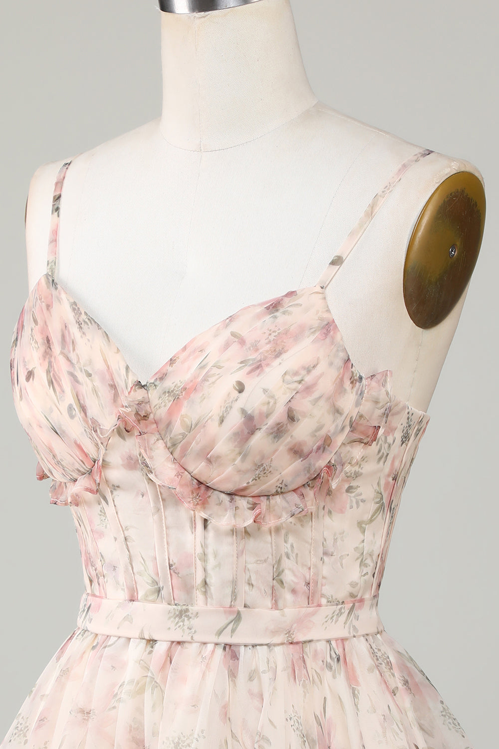 Champagnerfarbenes kurzes A-Linien-Homecoming-Kleid mit Korsett und Blumenmuster und Schnürung am Rücken