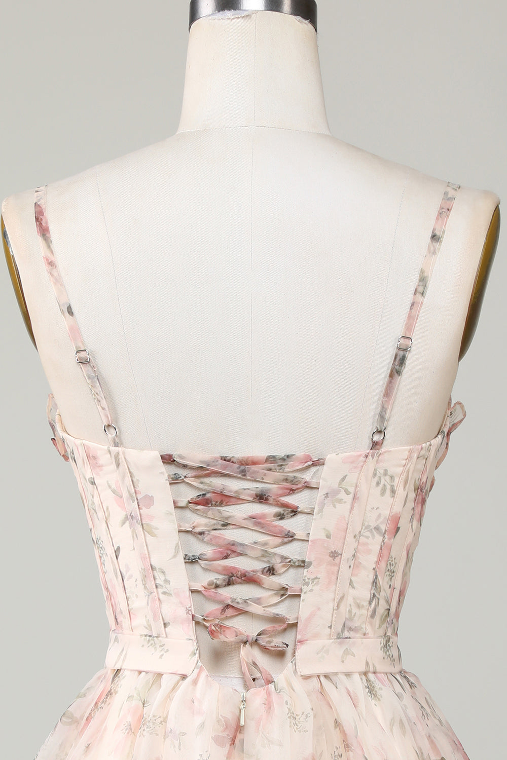 Vestido de fiesta corto con estampado floral, corte A, color champán, con corsé y espalda con cordones
