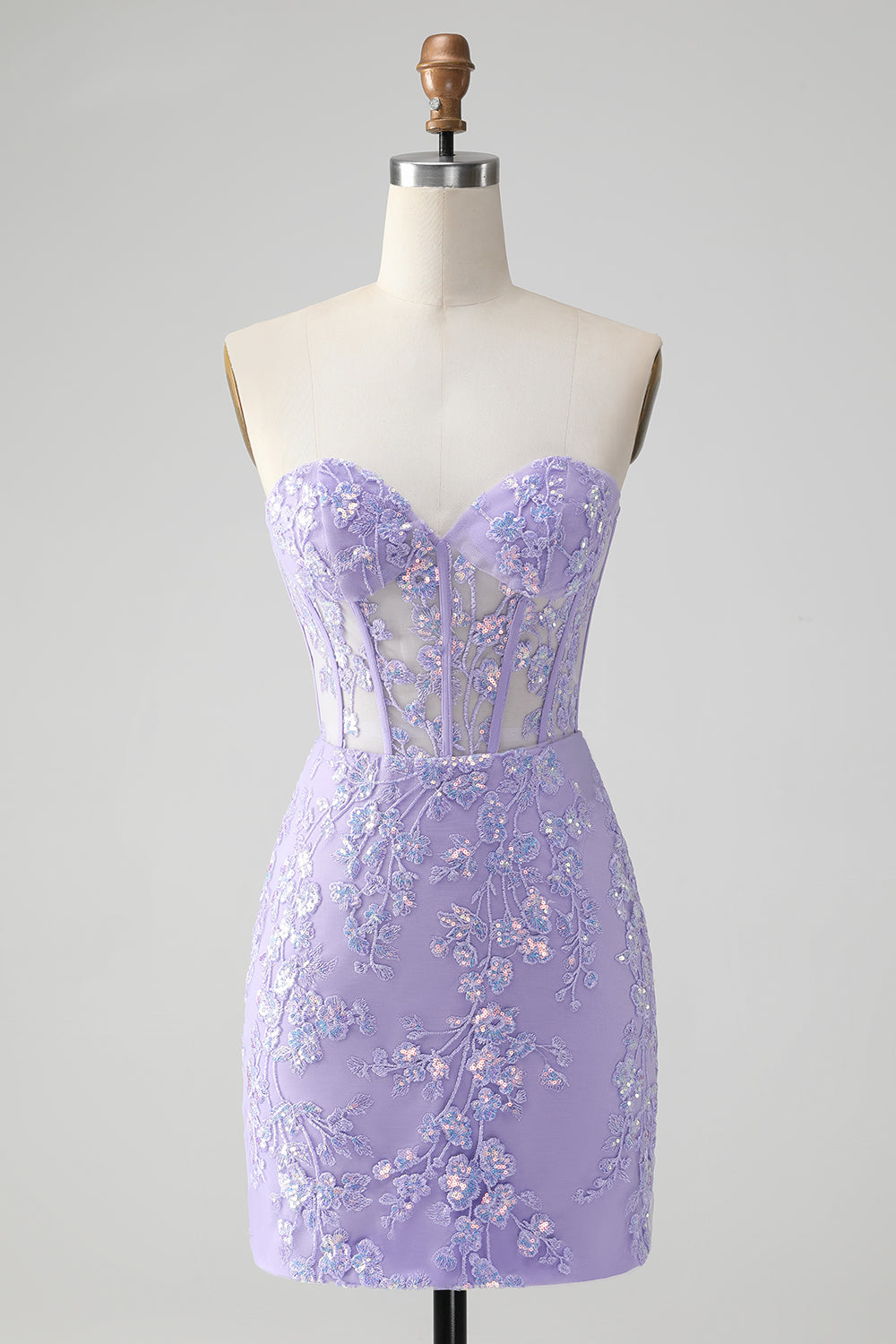 Vestido de fiesta corto, elegante, de color lila, ajustado, con escote en forma de corazón y corsé con lentejuelas