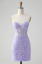 Vestido de fiesta corto, elegante, de color lila, ajustado, con escote en forma de corazón y corsé con lentejuelas