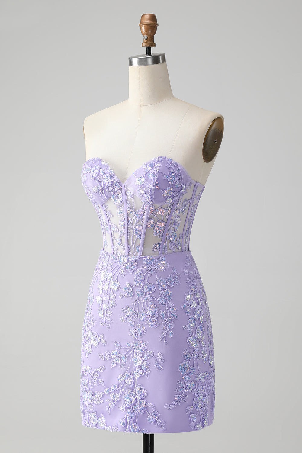 Vestido de fiesta corto, elegante, de color lila, ajustado, con escote en forma de corazón y corsé con lentejuelas