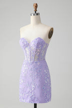 Vestido de fiesta corto, elegante, de color lila, ajustado, con escote en forma de corazón y corsé con lentejuelas