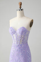 Vestido de fiesta corto, elegante, de color lila, ajustado, con escote en forma de corazón y corsé con lentejuelas