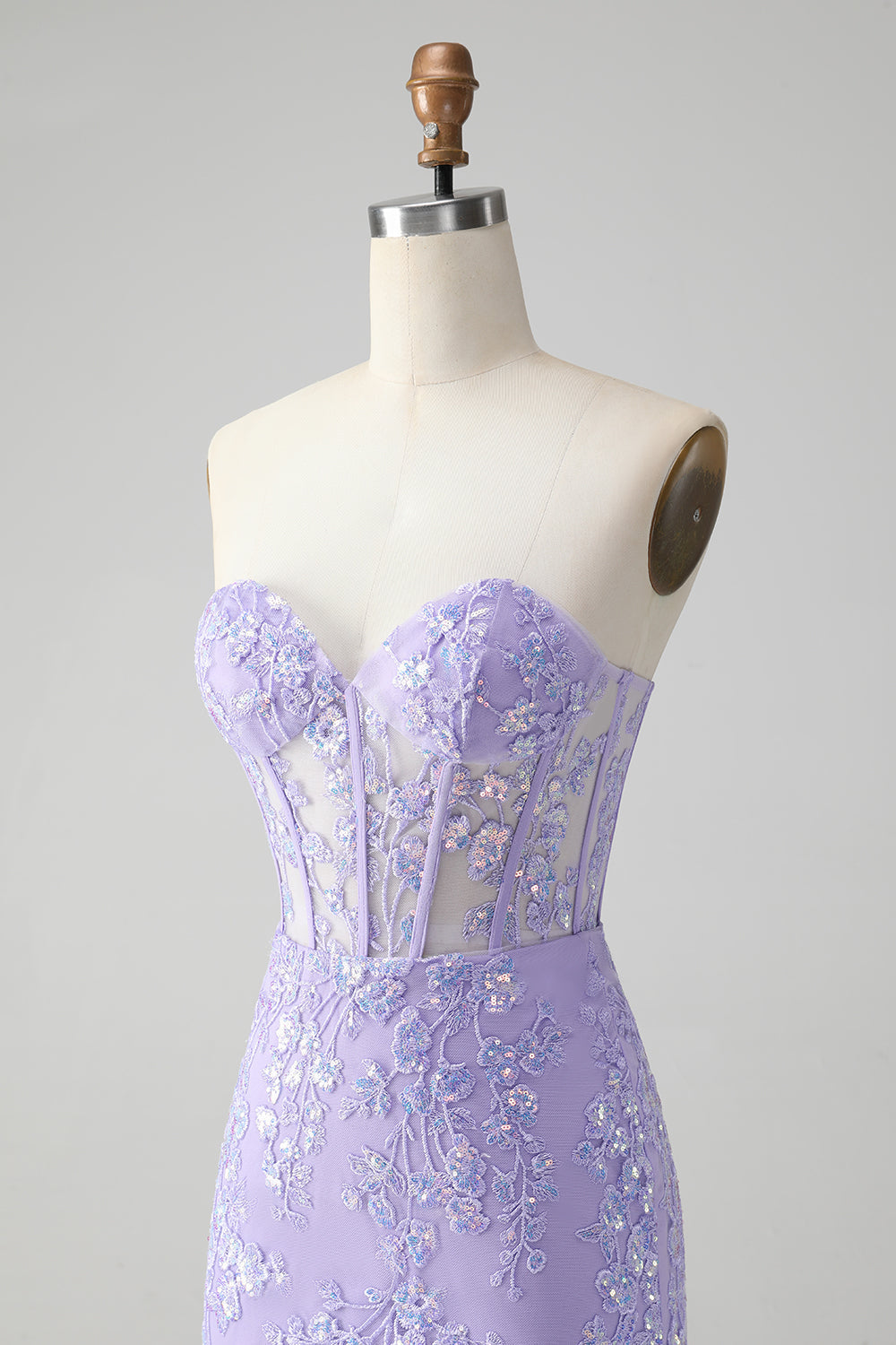 Vestido de fiesta corto, elegante, de color lila, ajustado, con escote en forma de corazón y corsé con lentejuelas