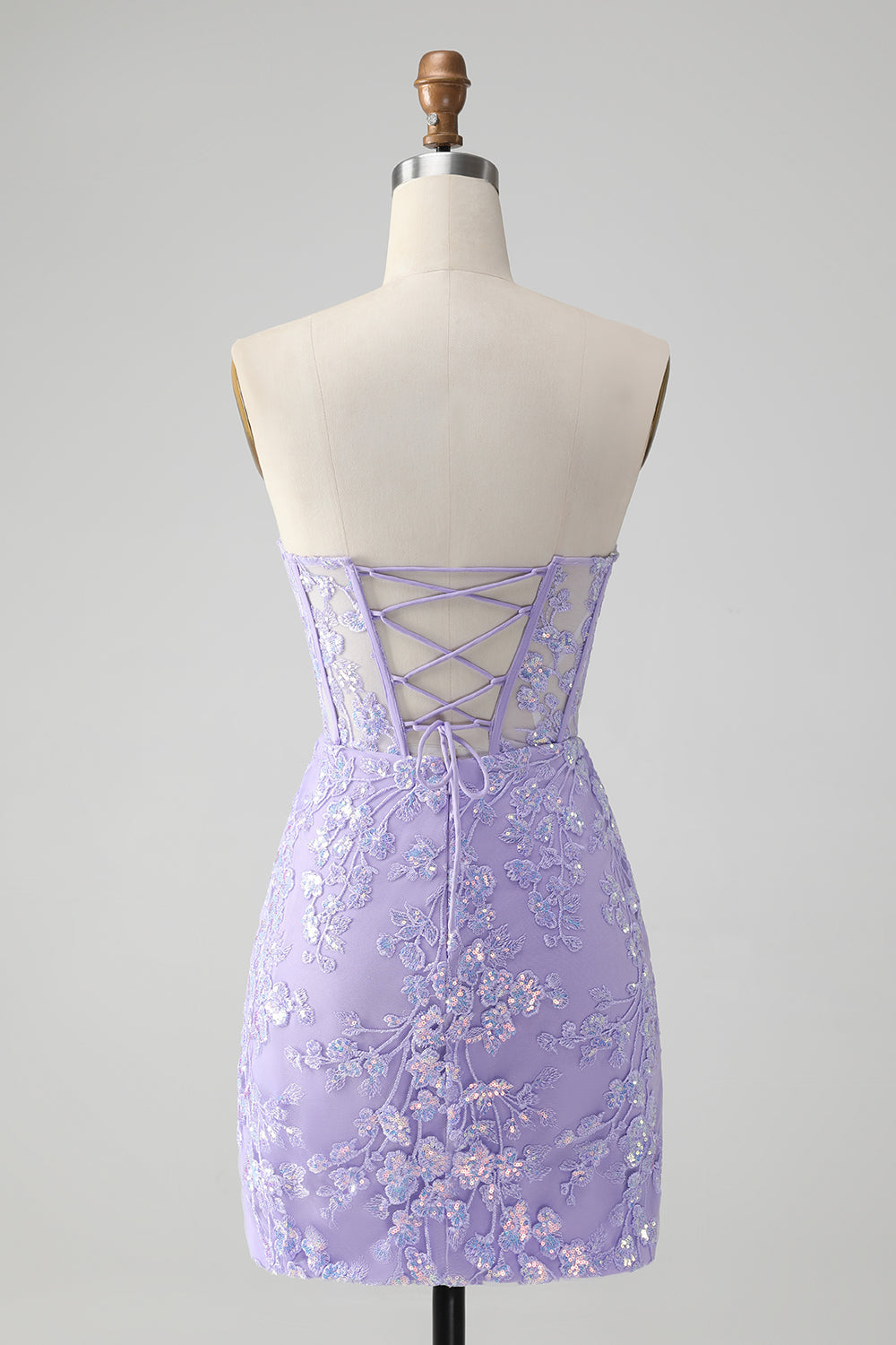 Vestido de fiesta corto, elegante, de color lila, ajustado, con escote en forma de corazón y corsé con lentejuelas