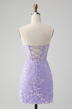 Vestido de fiesta corto, elegante, de color lila, ajustado, con escote en forma de corazón y corsé con lentejuelas
