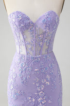 Vestido de fiesta corto, elegante, de color lila, ajustado, con escote en forma de corazón y corsé con lentejuelas