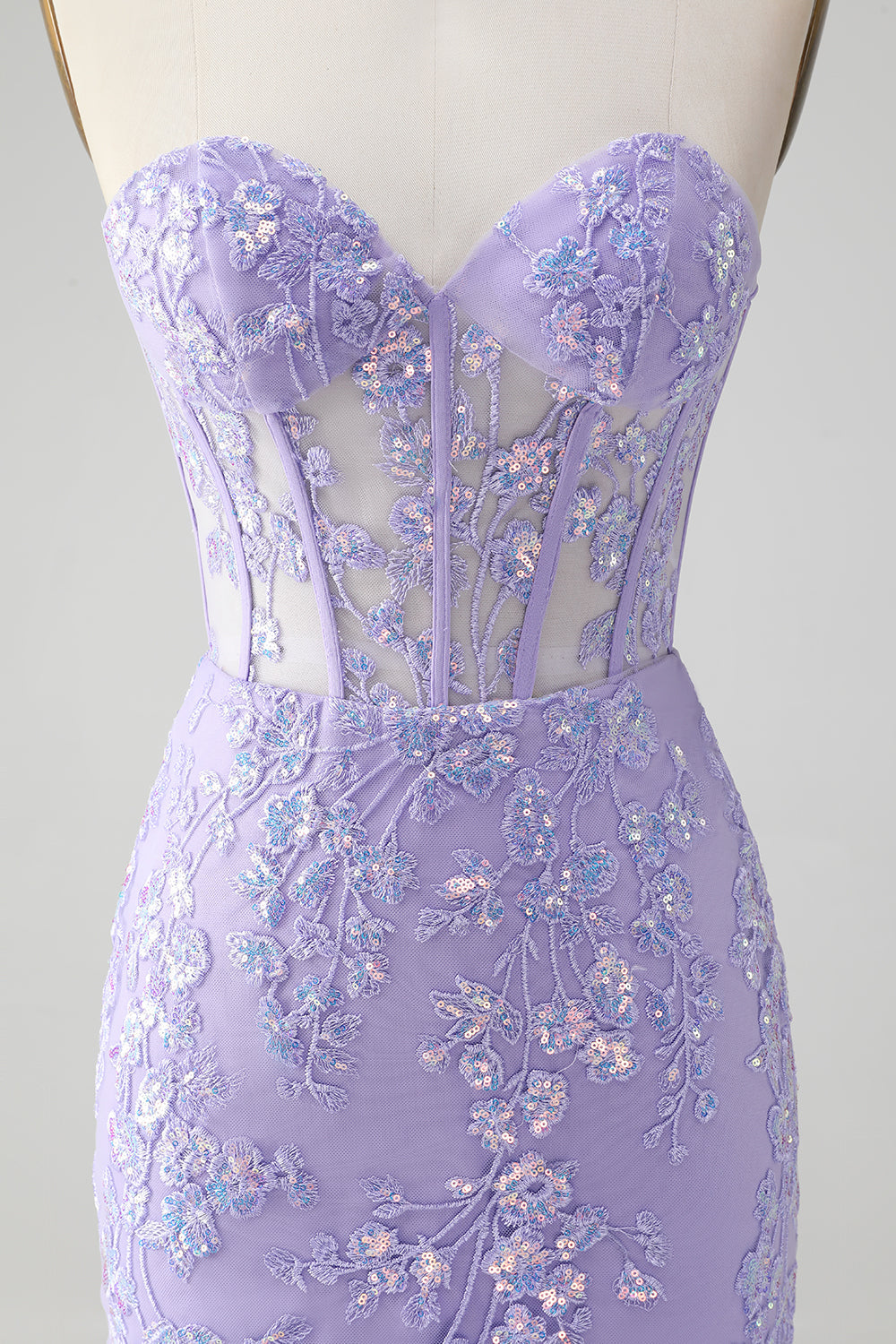 Vestido de fiesta corto, elegante, de color lila, ajustado, con escote en forma de corazón y corsé con lentejuelas