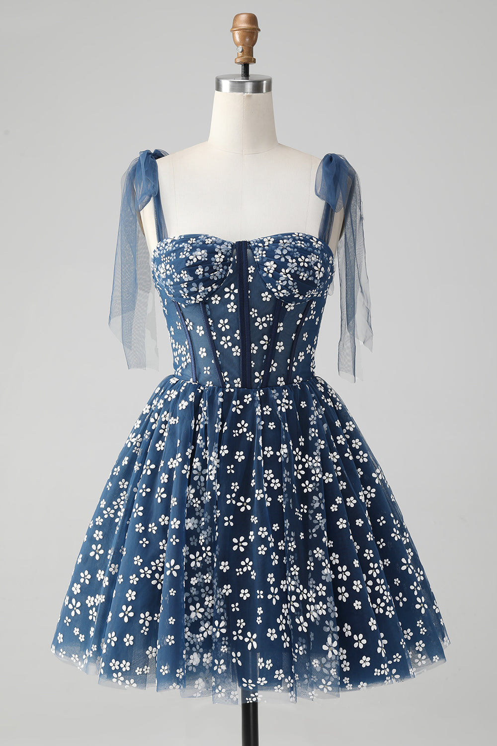 Vestido corto azul marino de fiesta con tirantes finos, estampado de corsé y corte en A