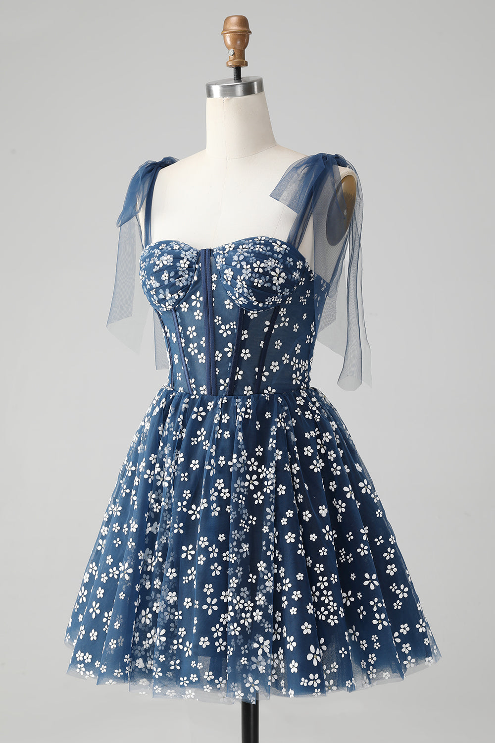 Vestido corto azul marino de fiesta con tirantes finos, estampado de corsé y corte en A