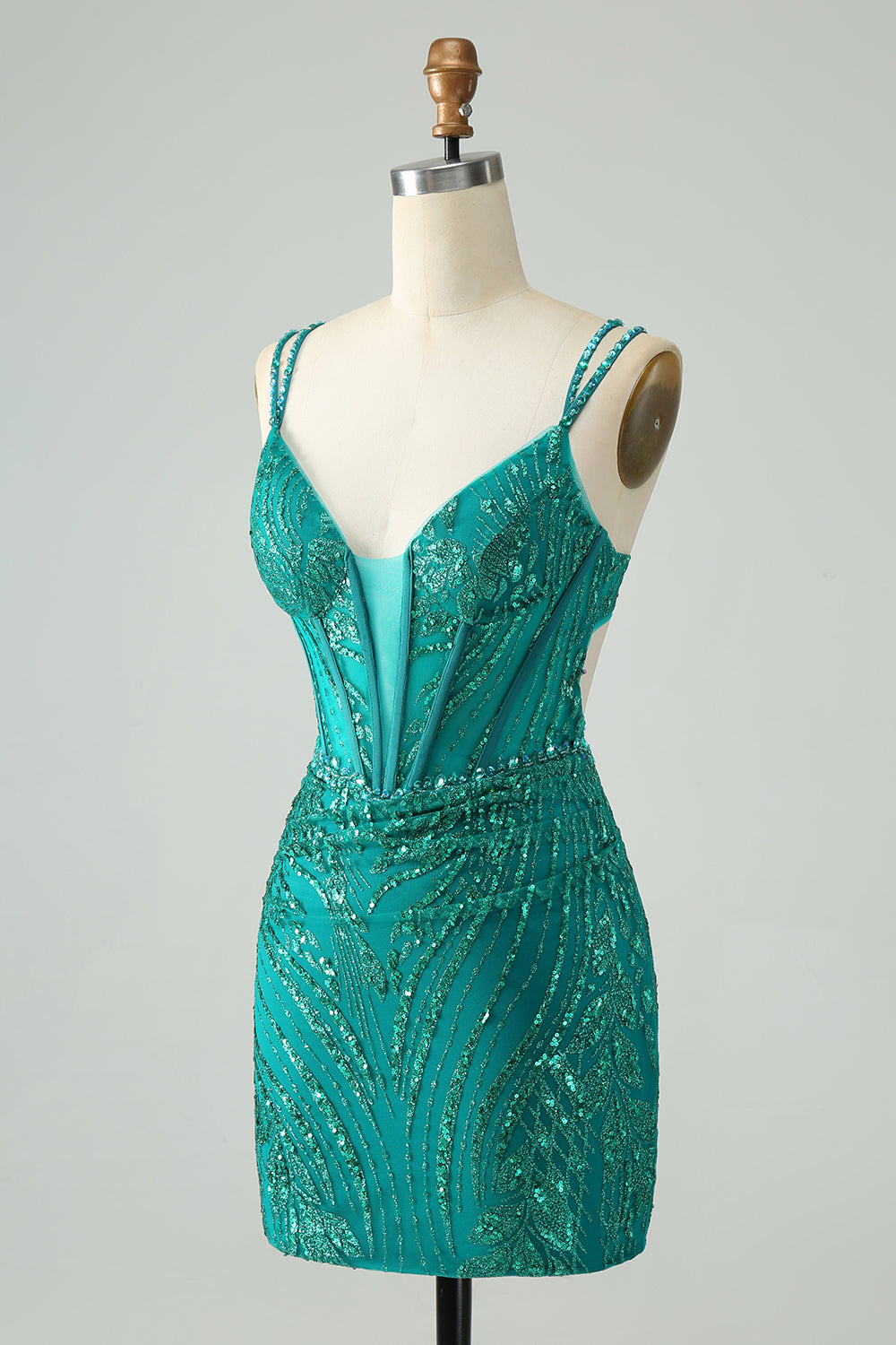 Vestido corto de fiesta elegante, ajustado, verde oscuro, con tirantes finos, corsé y lentejuelas