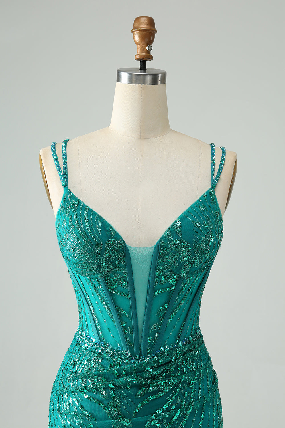 Vestido corto de fiesta elegante, ajustado, verde oscuro, con tirantes finos, corsé y lentejuelas