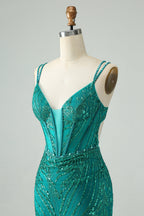 Vestido corto de fiesta elegante, ajustado, verde oscuro, con tirantes finos, corsé y lentejuelas