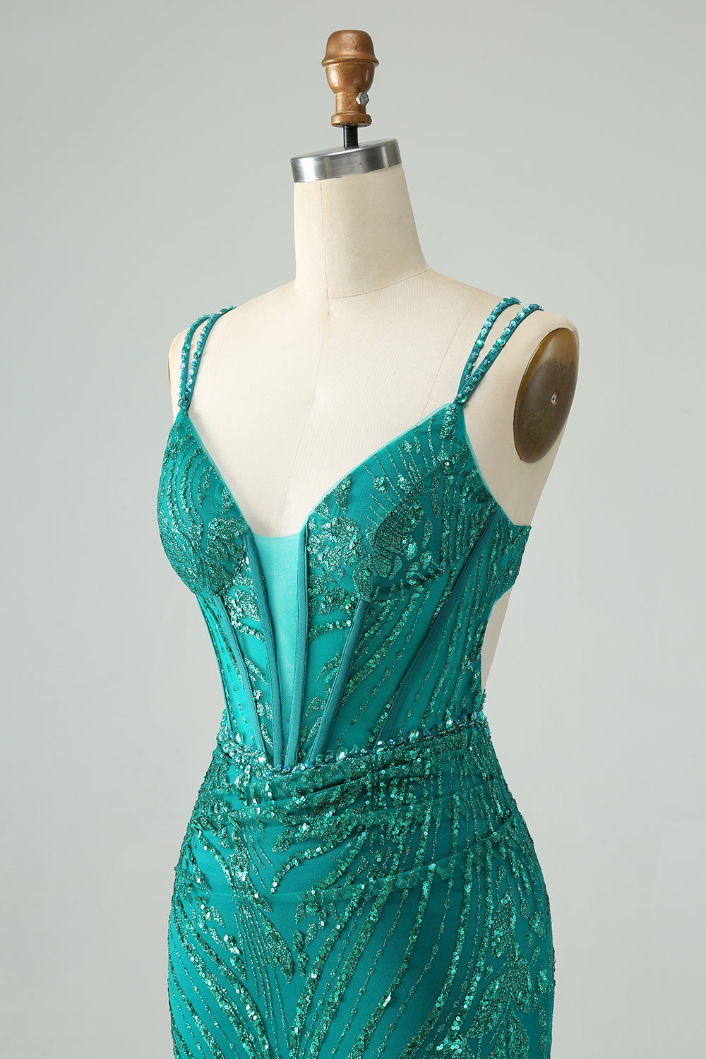Vestido corto de fiesta elegante, ajustado, verde oscuro, con tirantes finos, corsé y lentejuelas