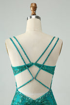Vestido corto de fiesta elegante, ajustado, verde oscuro, con tirantes finos, corsé y lentejuelas