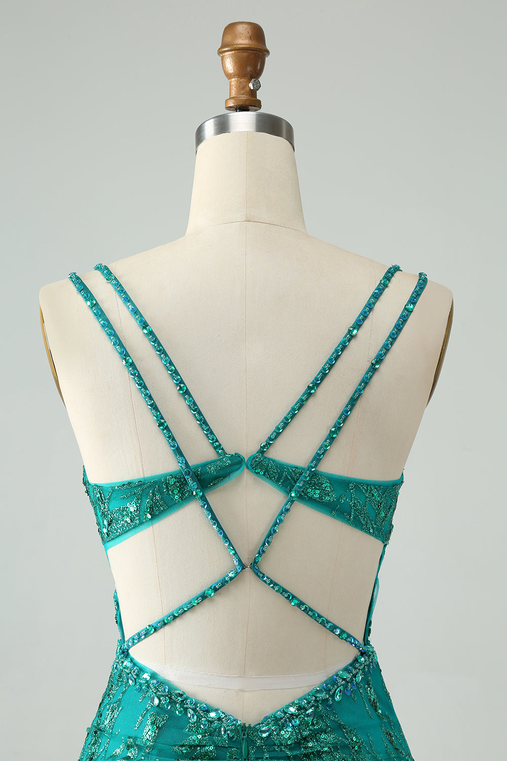 Vestido corto de fiesta elegante, ajustado, verde oscuro, con tirantes finos, corsé y lentejuelas