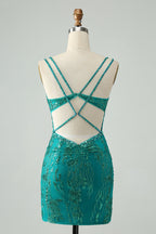 Vestido corto de fiesta elegante, ajustado, verde oscuro, con tirantes finos, corsé y lentejuelas