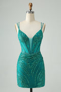 Vestido corto de fiesta elegante, ajustado, verde oscuro, con tirantes finos, corsé y lentejuelas