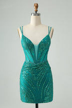 Vestido corto de fiesta elegante, ajustado, verde oscuro, con tirantes finos, corsé y lentejuelas