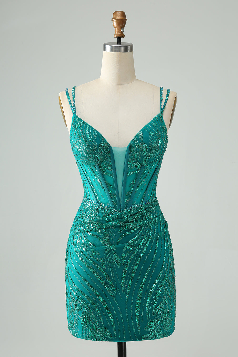 Vestido corto de fiesta elegante, ajustado, verde oscuro, con tirantes finos, corsé y lentejuelas