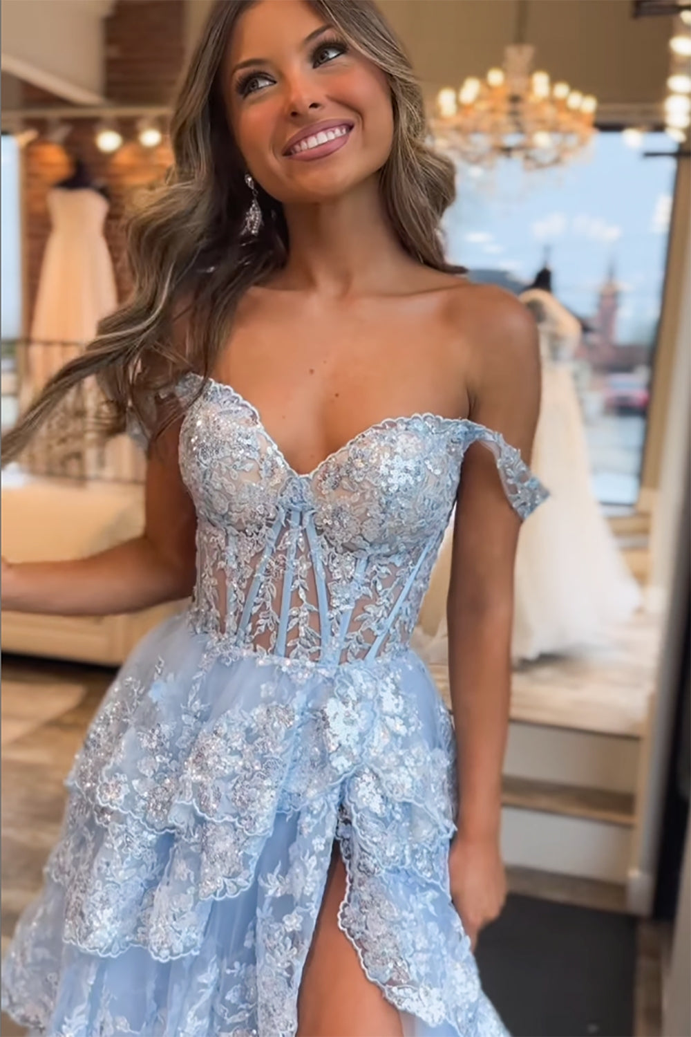 Prinzessin A-Linie Off-Shoulder Korsett Ballkleid mit Spitzenrüschen