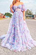 Sydney | Vestido de fiesta de tul floral con hombros descubiertos y corte en A