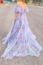 Sydney | Vestido de fiesta de tul floral con hombros descubiertos y corte en A