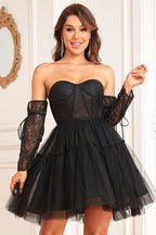 Vestido de fiesta negro con corsé en forma de A y mangas largas desmontables