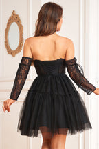 Vestido de fiesta negro con corsé en forma de A y mangas largas desmontables