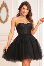 Vestido de fiesta negro con corsé en forma de A y mangas largas desmontables