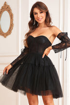 Vestido de fiesta negro con corsé en forma de A y mangas largas desmontables