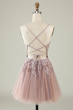 Vestido corto de fiesta con tirantes finos, corte A, color rubor y apliques