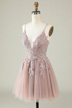 Vestido corto de fiesta con tirantes finos, corte A, color rubor y apliques