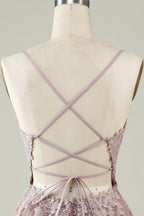 Vestido corto de fiesta con tirantes finos, corte A, color rubor y apliques